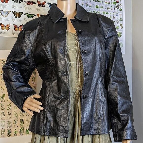 Vintage 90s DV Design Black Leather Jacket Button Front Junior's Size 11 - Picture 12 of 12